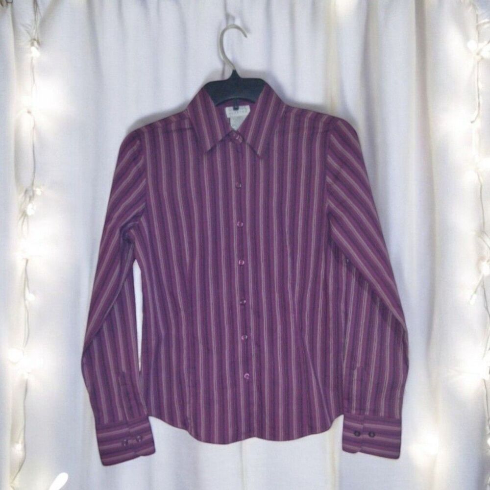 XS George Stretch Ladies Long Sleeve Button up Purple Stripes